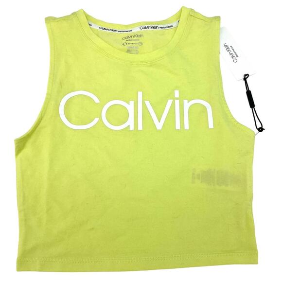 Calvin Klein Performance Tops - Calvin Klein Women's Neon Stretch Yellow Logo Crop Dance Gym Tank Top XS NEW